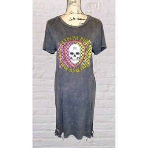 Hot Topic Skull Graphic T-Shirt Dress Women’s XL Lace Up Hem Gray Rocker Punk